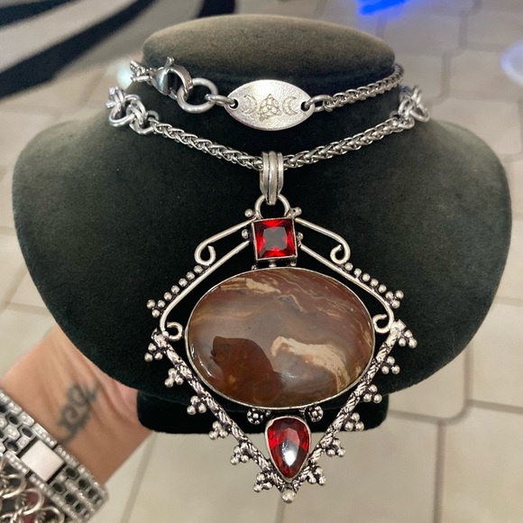 925 sterling silver overlay genuine red jasper stone boho steel chain necklace - Picture 1 of 13